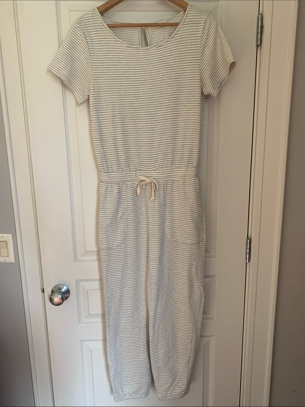 Hem & Thread Women’s Striped Short Sleeve Jumpsuit - Cream & Grey